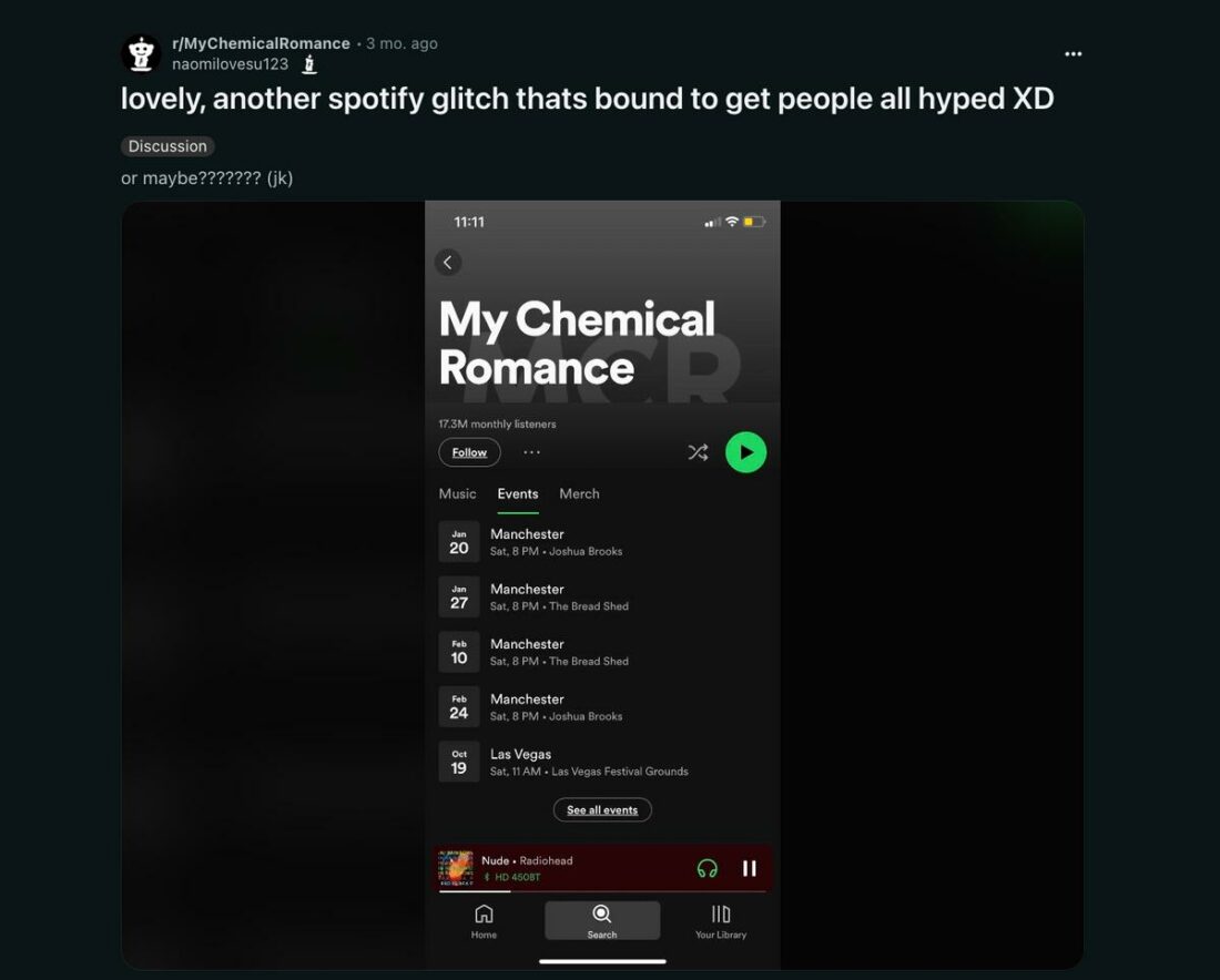 Spotify mistakenly added Manchester tours in My Chemical Romance (MCR)'s artist page. (From: Reddit)