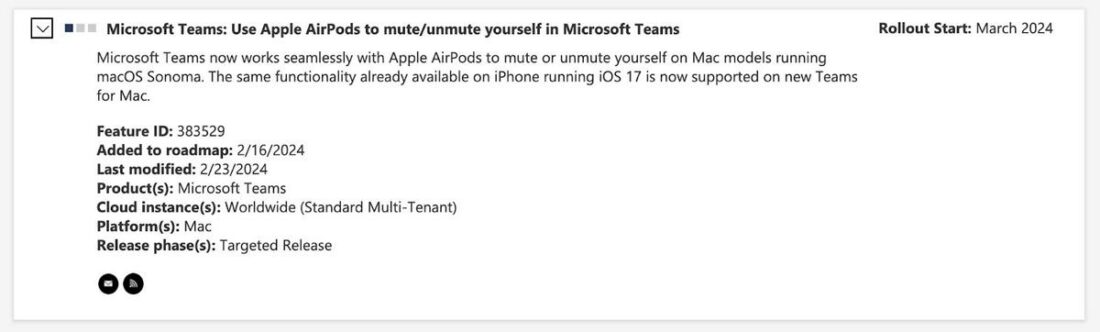 Microsoft Teams announcement about new AirPods feature. (From: Microsoft)