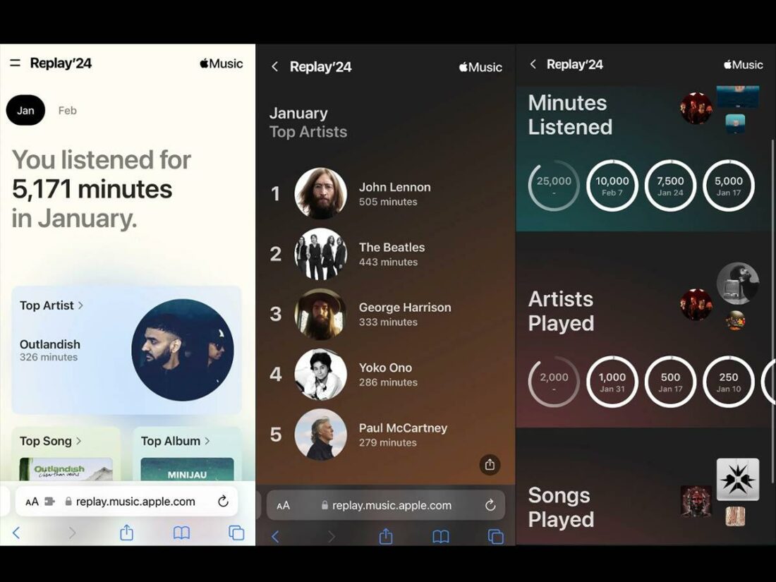 Apple Music's Monthly Replay features accessed via phone.