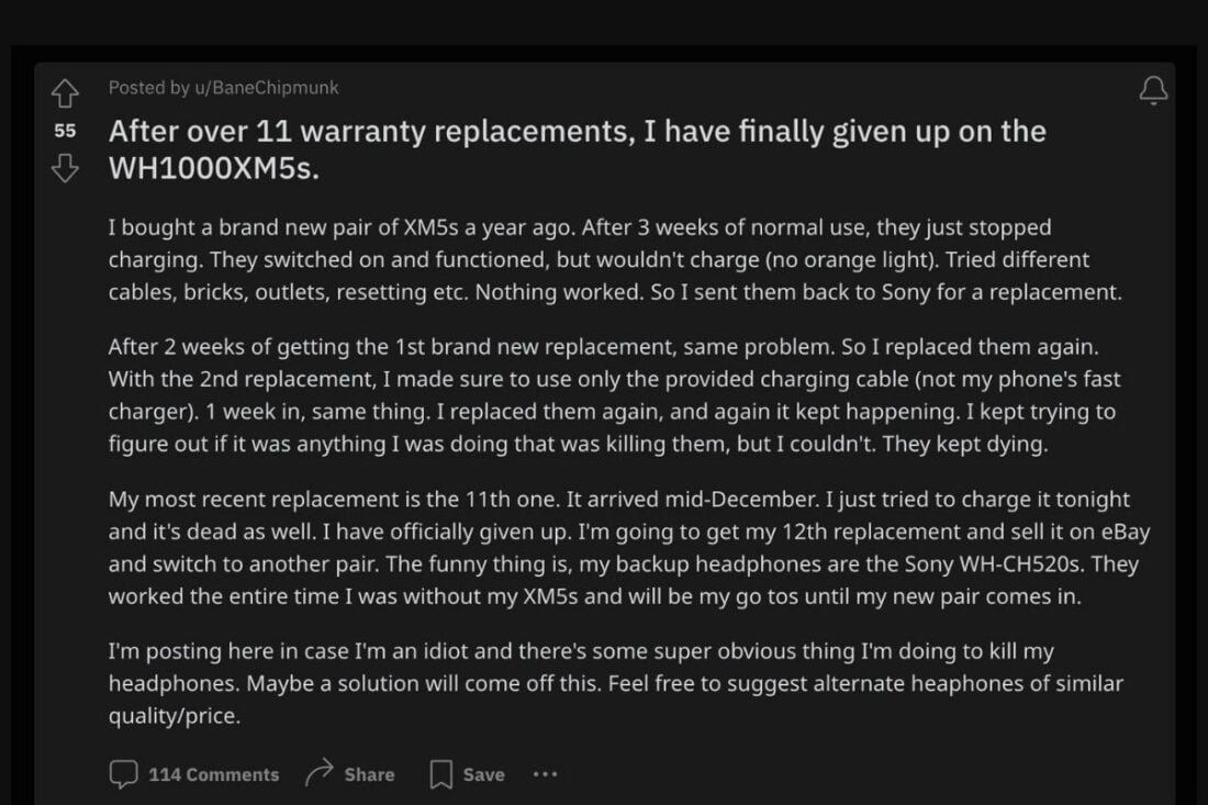 The OP's Reddit post detailing his experience of dealing with 11 warranty replacements for his Sony headphones. (From: Reddit)