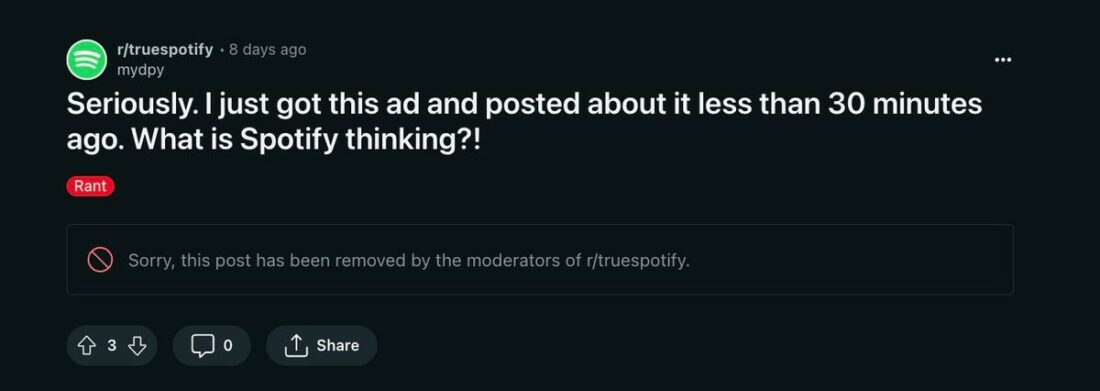 The OP's second post about encountering another in-app ad minutes after posting about the issue has been deleted by the admin. (From: Reddit)