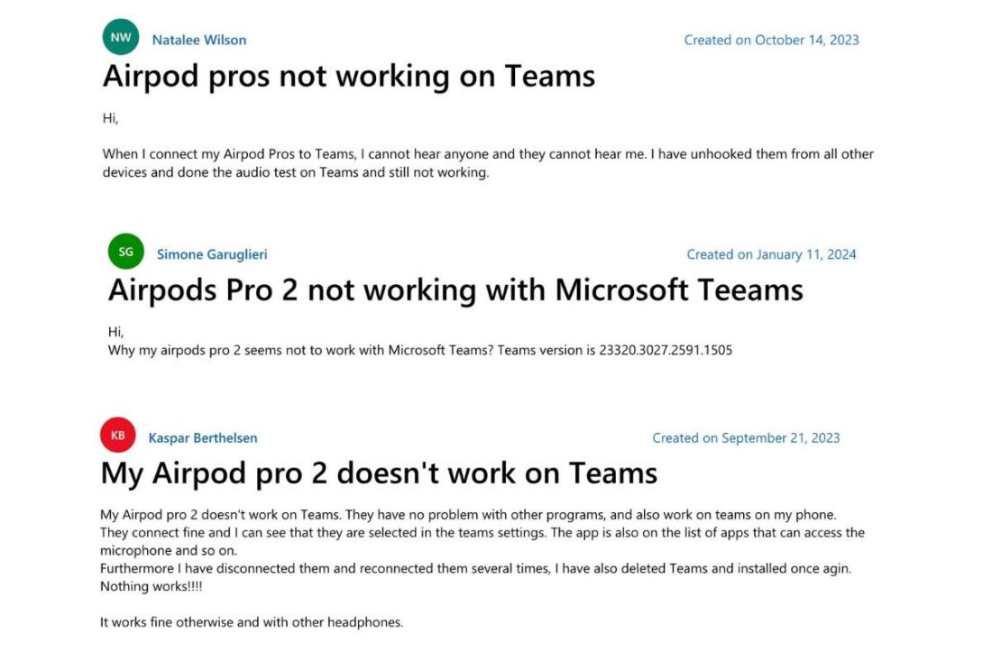 Past user complaints of AirPods not working with Teams. (From: Microsoft Community)