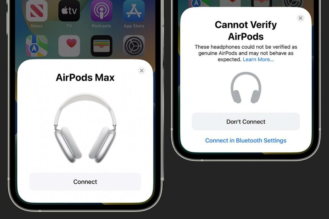iOS verification pop-up for authentic (left) vs fake AirPods Max (right)