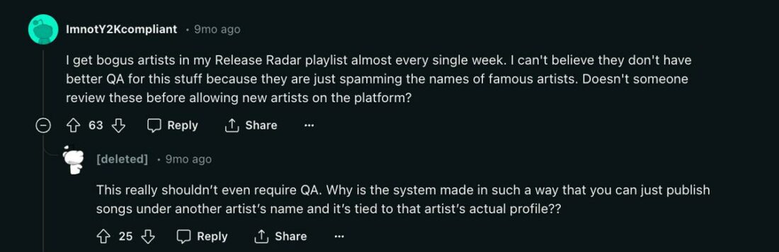 User reporting 'bogus artists' on Release Radar playlists, curated by Spotify. (From: Reddit)