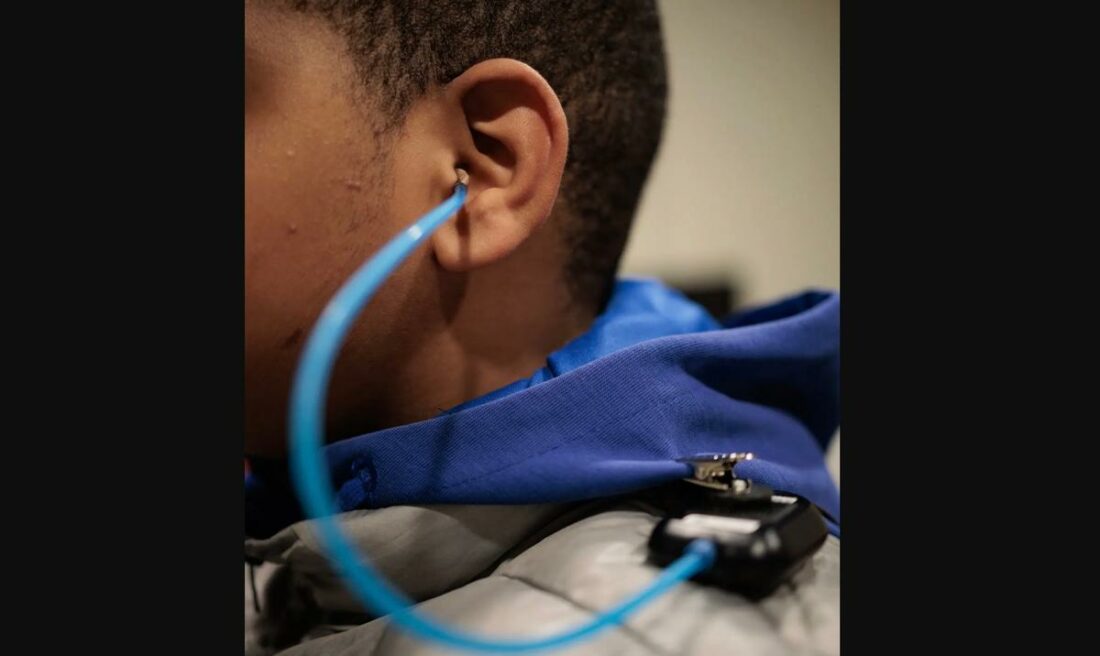 Special headset used for Aissam's hearing test due to his rare genetic condition. (From: Hannah Beier/The New York Times)