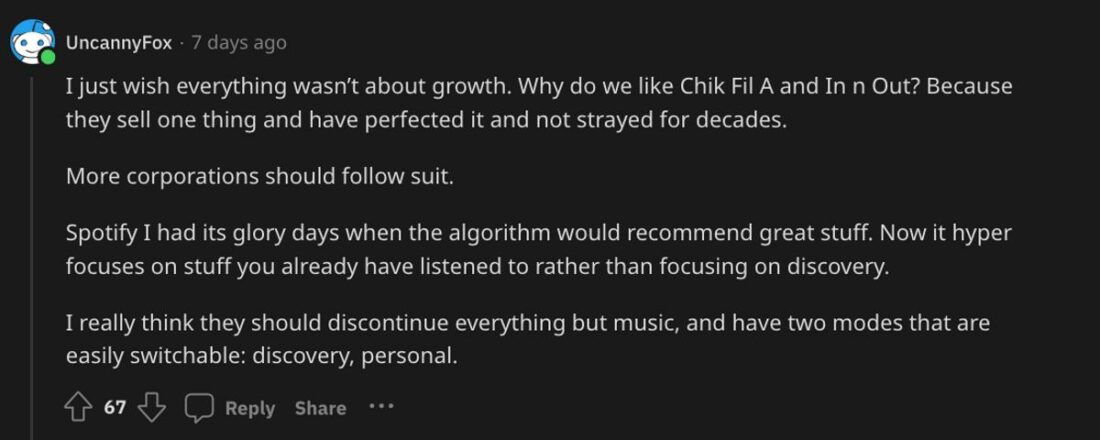 User wishing that Spotify remains focused on its main offering: music streaming.