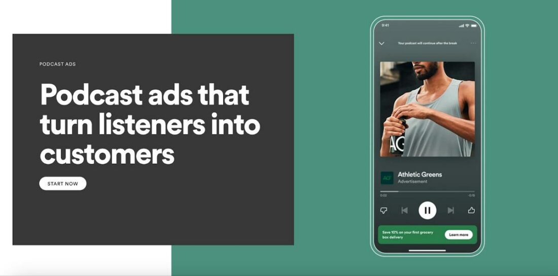 Spotify's landing page promoting ads on podcasts. (From: Spotify)