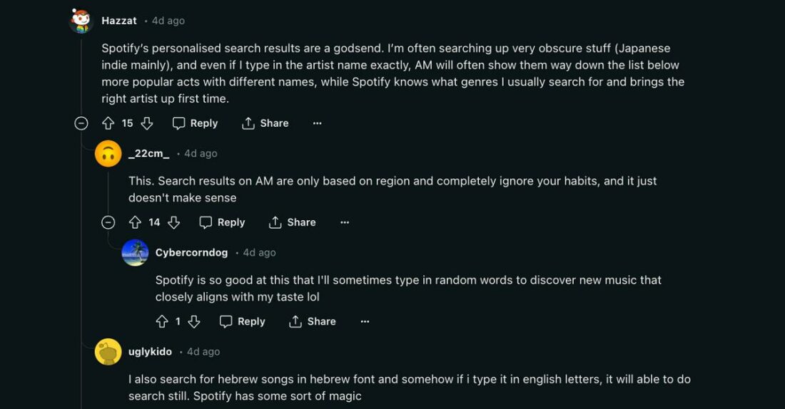 Users can't help but compare Apple Music's flaw over Spotify's search features. (From: Reddit)