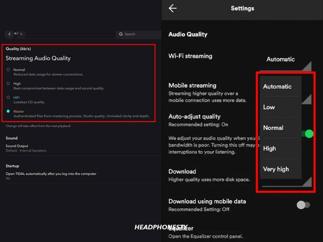 Tidal's Streaming Audio Quality settings (left) vs Spotify's.