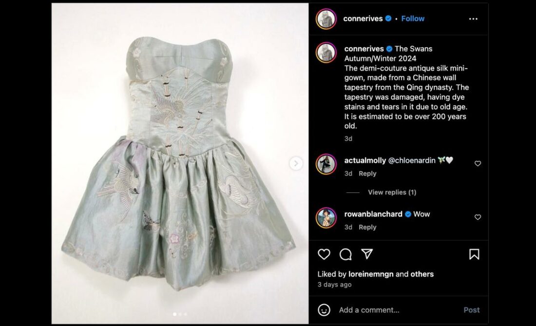The silk dress made with a Qing dynasty tapestry featured in Conner Ives' Instagram post. (From: Instagram)