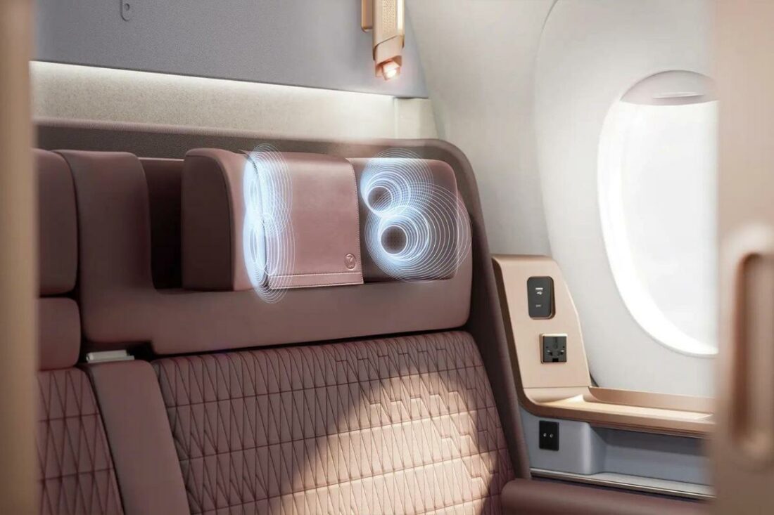 The speakers are integrated inside the headrest in the first-class cabin. (From: Japan Airlines)