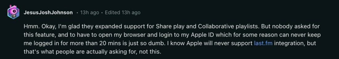 User questioning why Apple wasn't able to integrate it in the app. (From: Reddit)