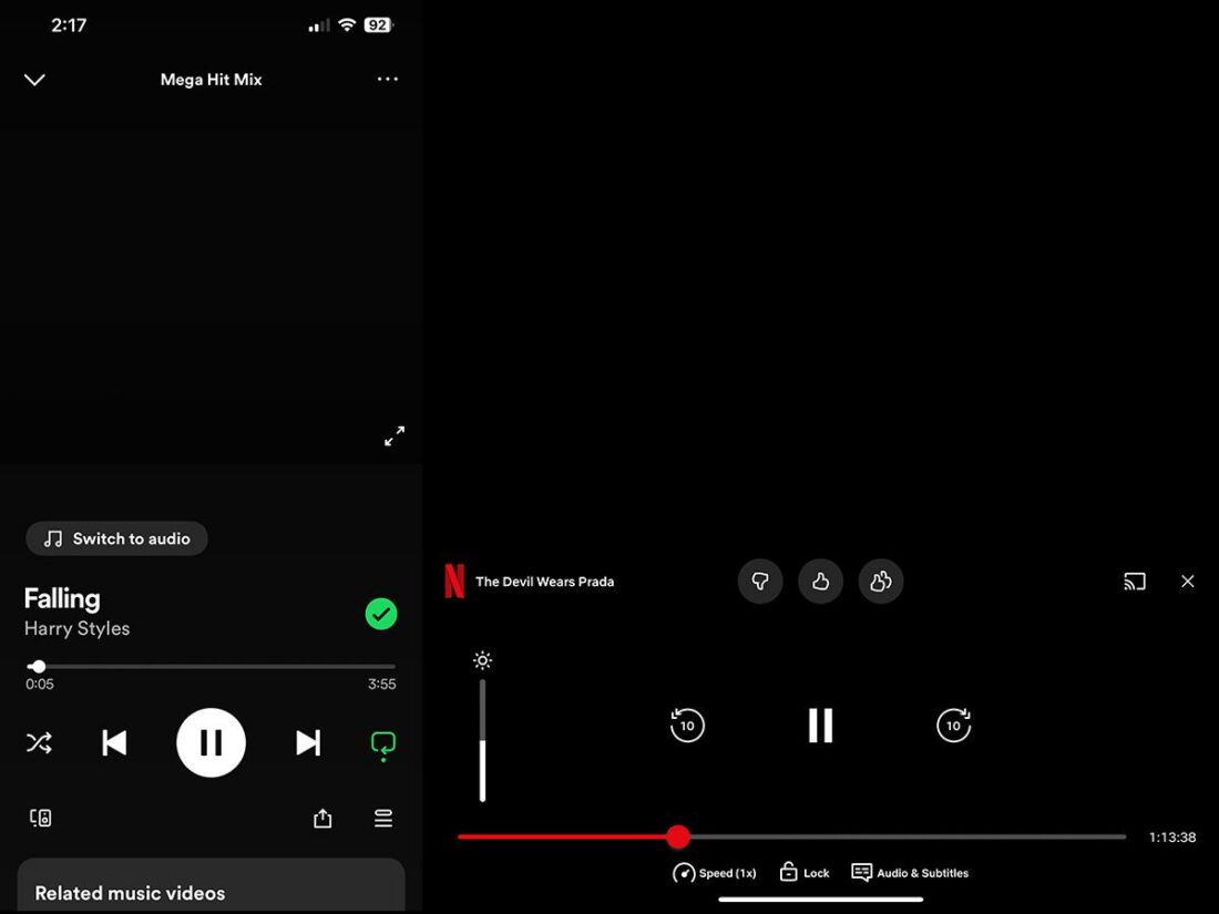 How it looks like when you take a screenshot of a music video on Spotify (left) and a video on Netflix (right)