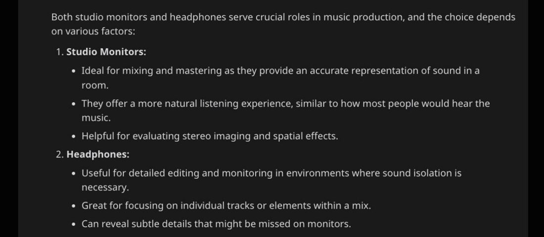 The different benefits of using studio monitors and headphones in audio mixing as detailed by the OP. (From: Reddit)