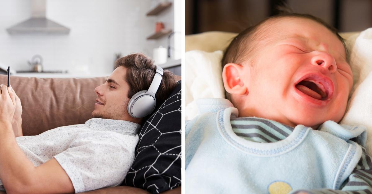 Man wears noise canceling headphones while baby is crying.