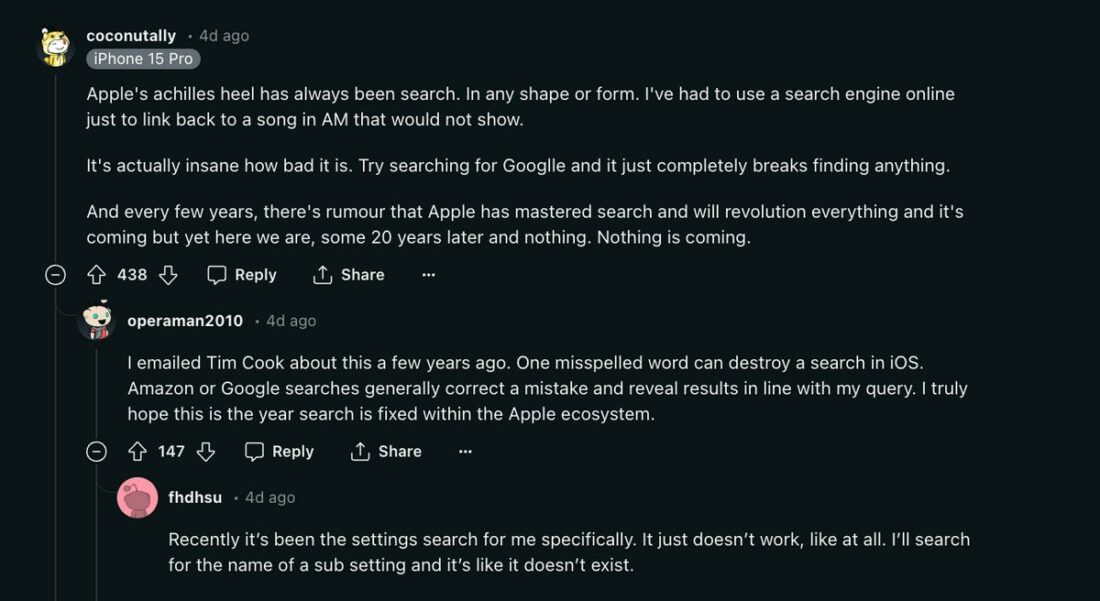 Users emphasizing the general search issue within the Apple ecosystem. (From: Reddit)