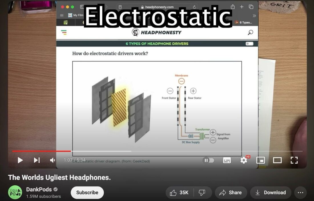 DankPods featured our article on headphone drivers when discussing about the differences between dynamic, planar magnetic, and electrostatic drivers. (From: YouTube/DankPods)