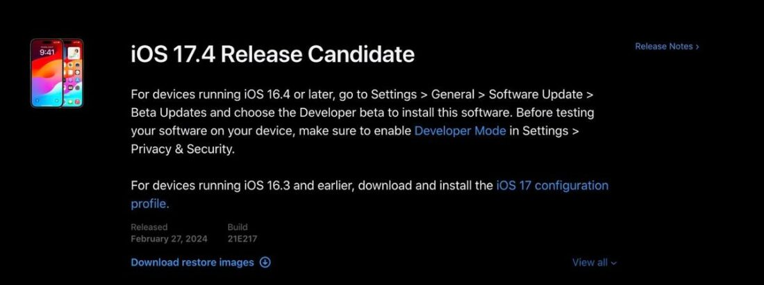 Information on the iOS 17.4 Release Candidate. (From: Apple)