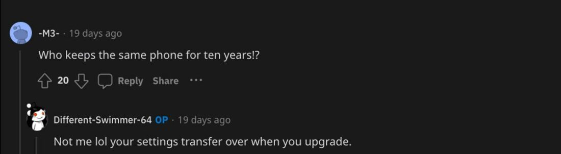 Comment thread talking about how the setting got retained through iPhone upgrades. (From: Reddit)
