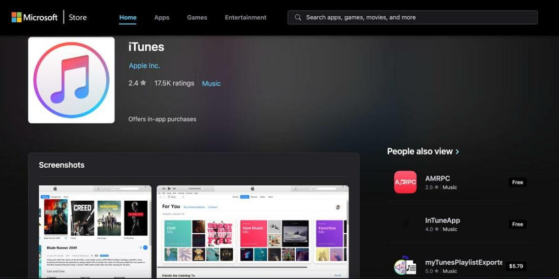 iTunes page on the Microsoft Store