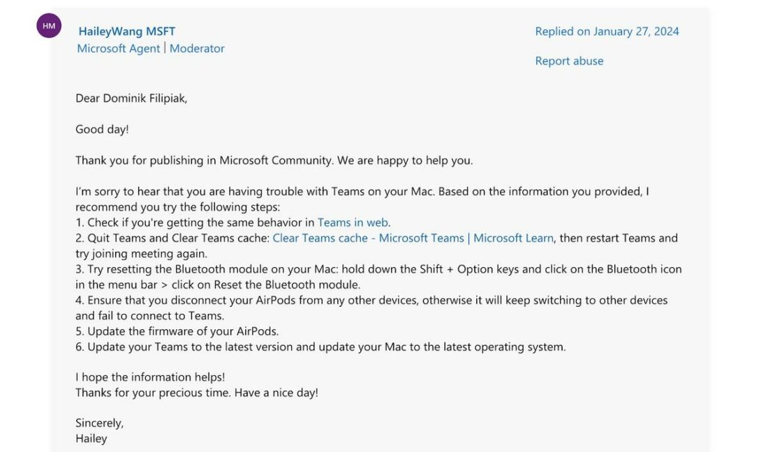 A Microsoft representative's list of troubleshooting tips for when AirPods won't work on Teams. (From: Microsoft Community)