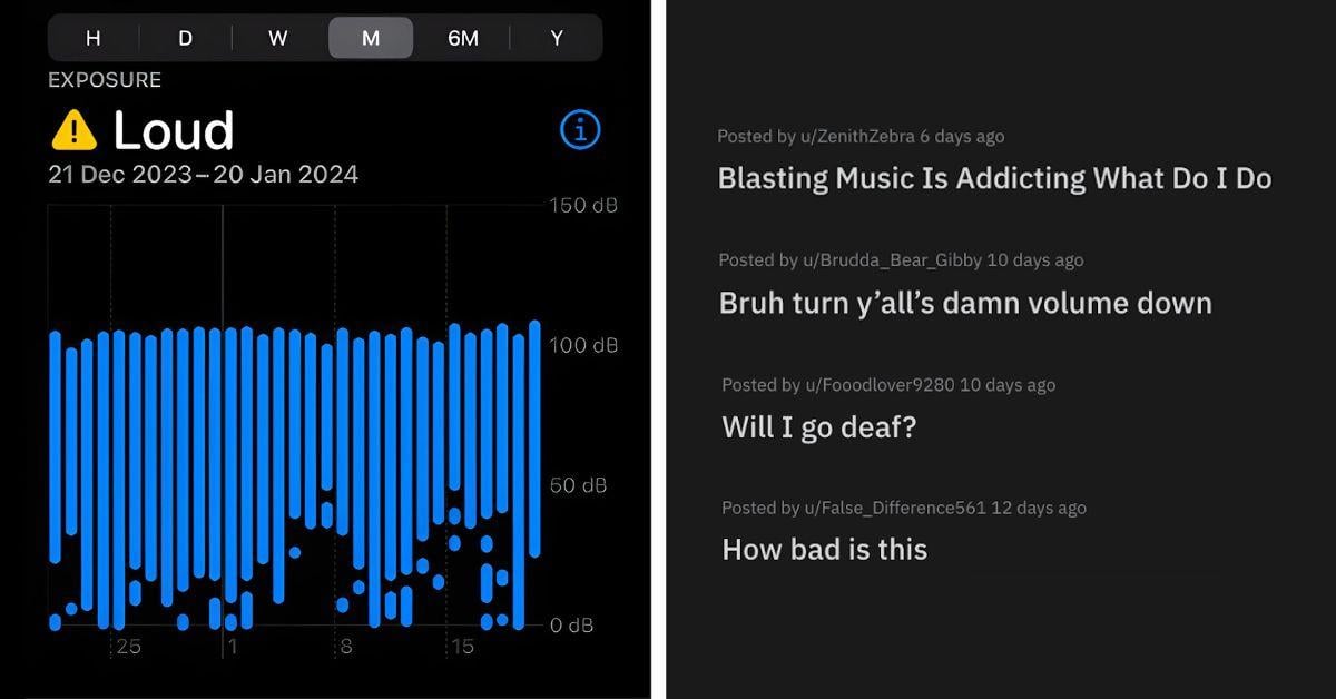 Users share noise exposure warnings on Apple's Health app. (From: Reddit)