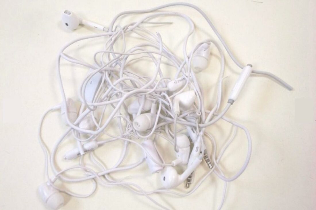 A look at the old Apple earbuds used in the making of the dress, as shared by the designer. (From: Ives)