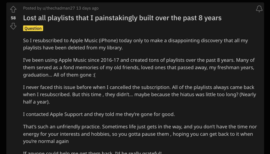 Reddit user, thechadman27's, original post on r/AppleMusic (From: Reddit)