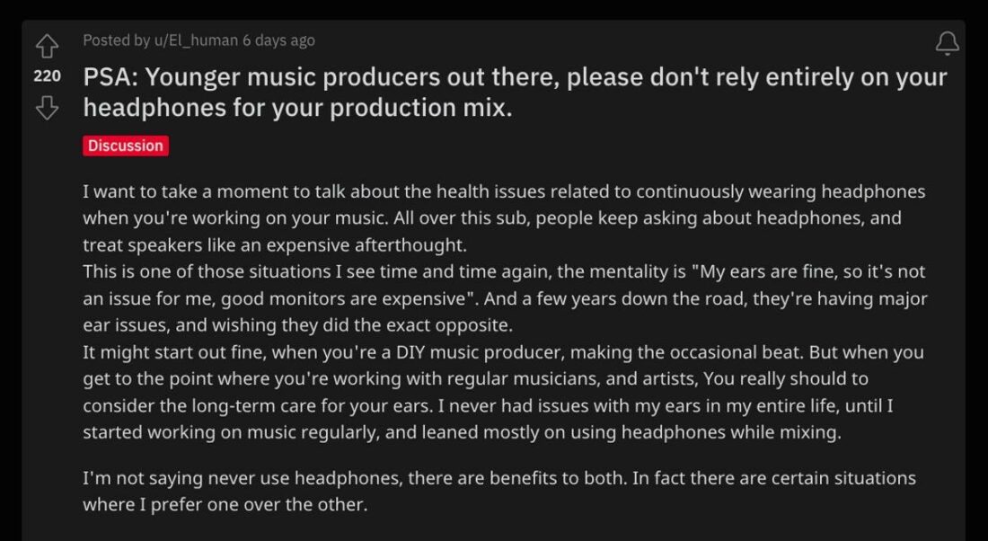 El_human's original post on the r/musicproduction subreddit. (From: Reddit)