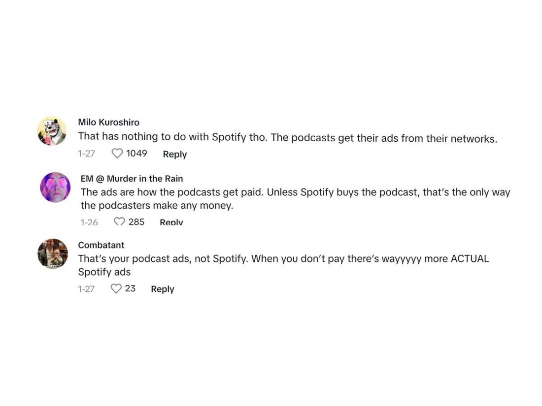 People explaining why podcast ads may be required for podcasters to make money. (From: Tiktok)