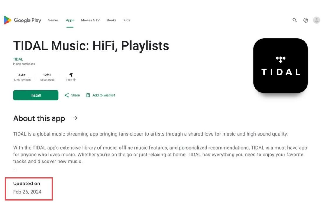 Tidal's page in the Google Play Store shows that the app has been updated on Feb. 26. (From: Google Play Store)