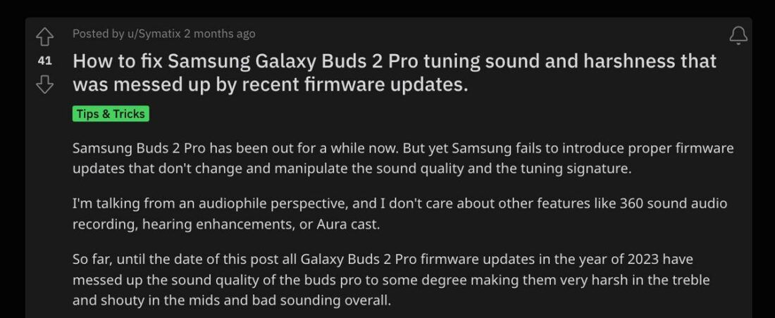 One of the posts recommending to downgrade the Buds 2 Pro's firmware to remove sound quality issues. (From: Reddit)