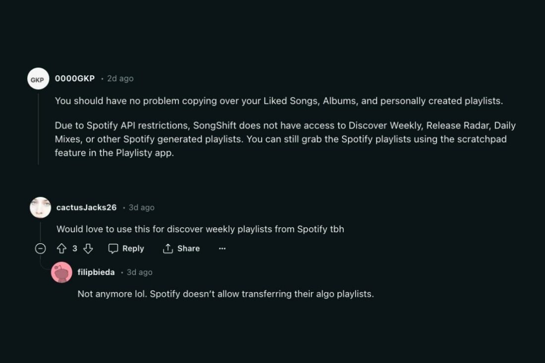Spotify's SongShift restrictions. (From: Reddit)