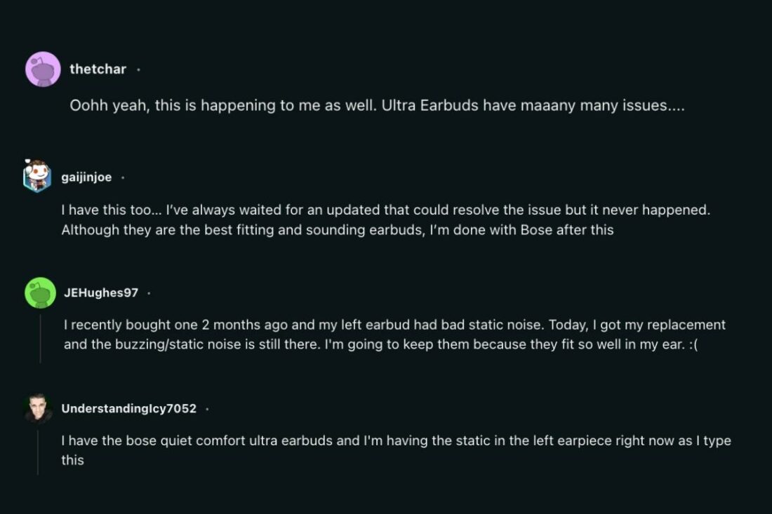 Other users sharing the same experiences on static noise in Bose QC Ultra earbuds. (From: Reddit)