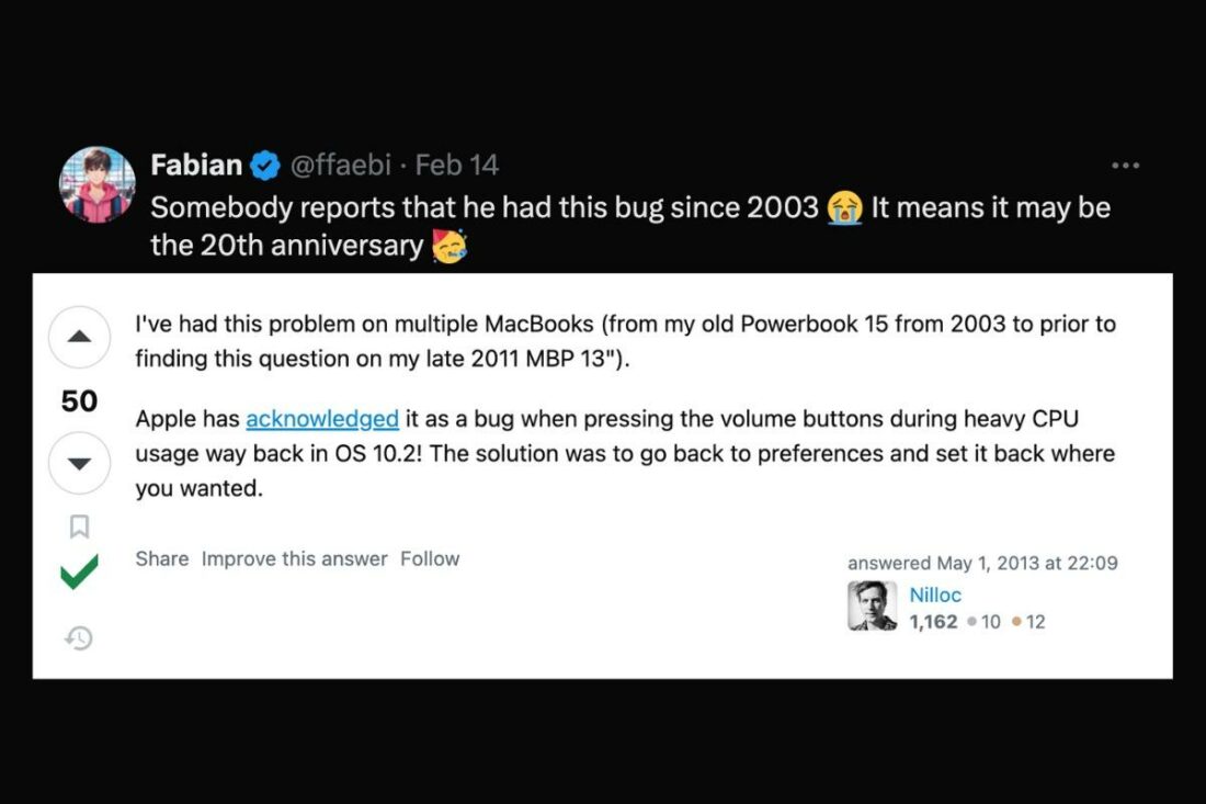 Fabian discovers that a user even reported the bug to be happening since 2003. (From: X)