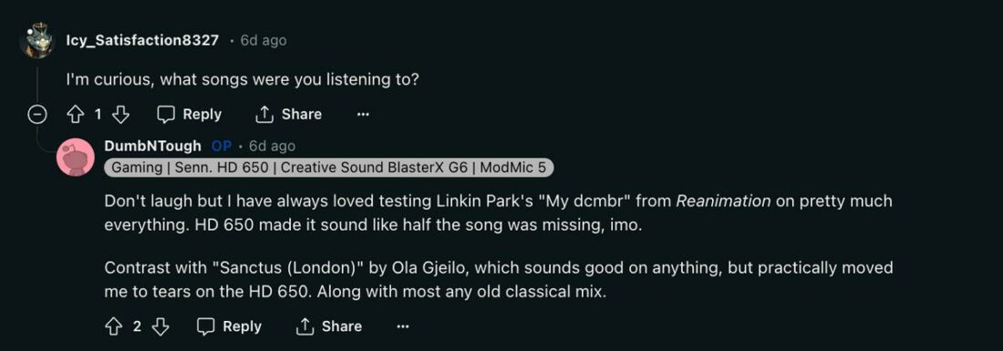 Comment thread where the OP shared some songs he listened to. (From: Reddit)