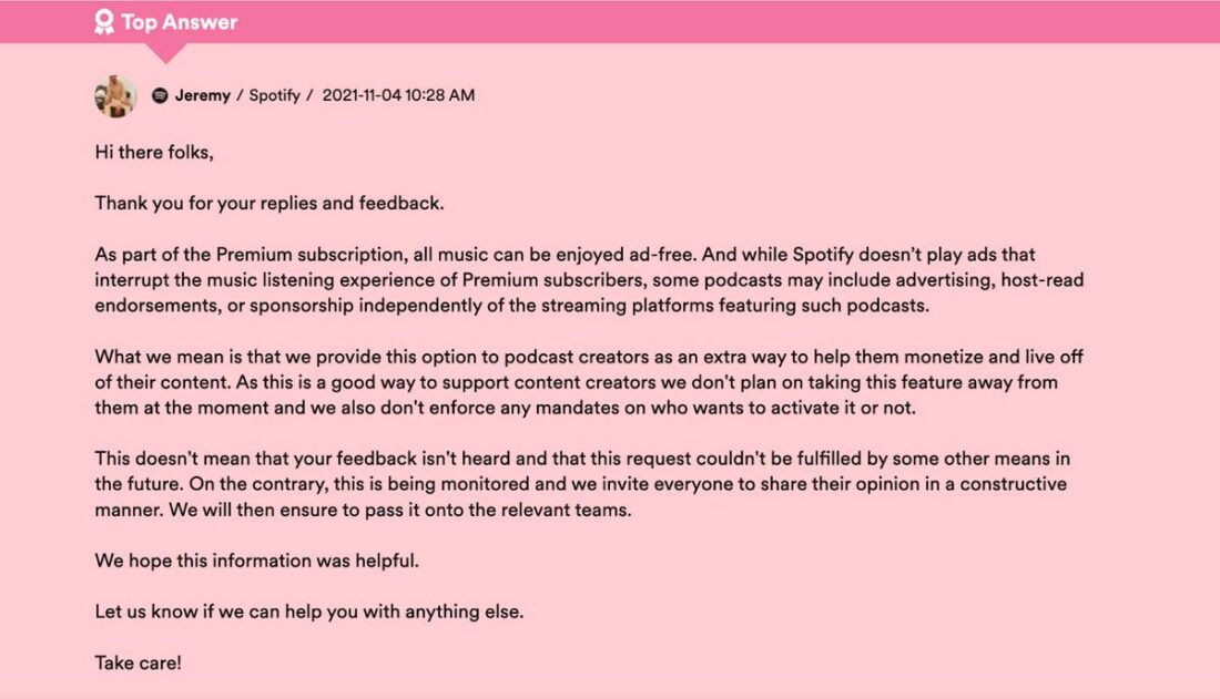 Spotify's response in one of the first queries about the issue in Spotify's forums. (From: Spotify)