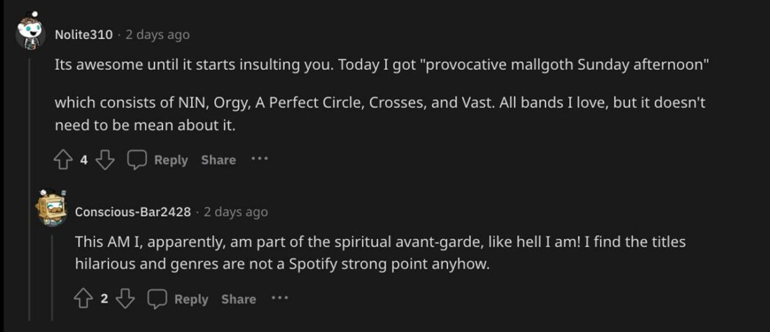 People taking offense at the Spotify Daylist names they've been given. (From: Reddit)