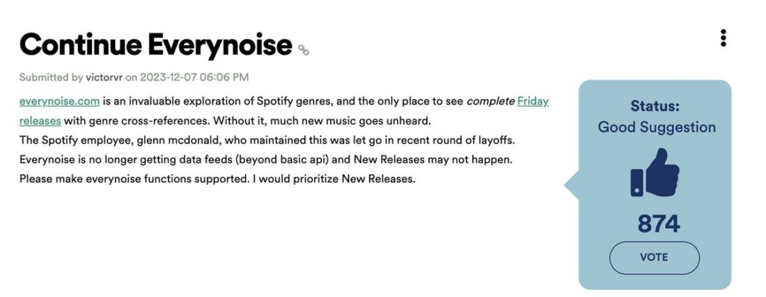 A user's petition to continue the support for Every Noise At Once. (From: Spotify)