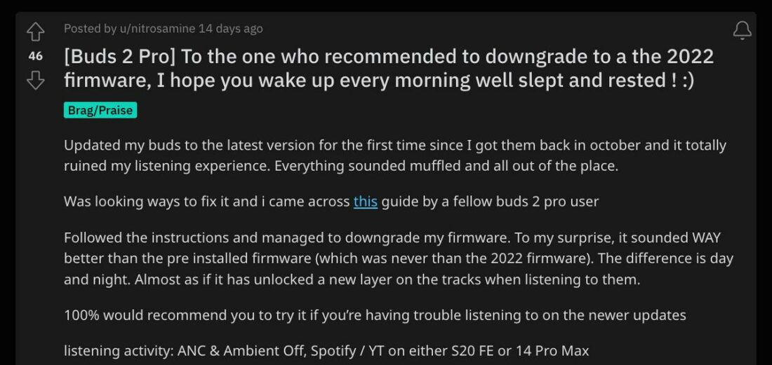 A user's testimonial on the effectiveness of downgrading the firmware. (From: Reddit)