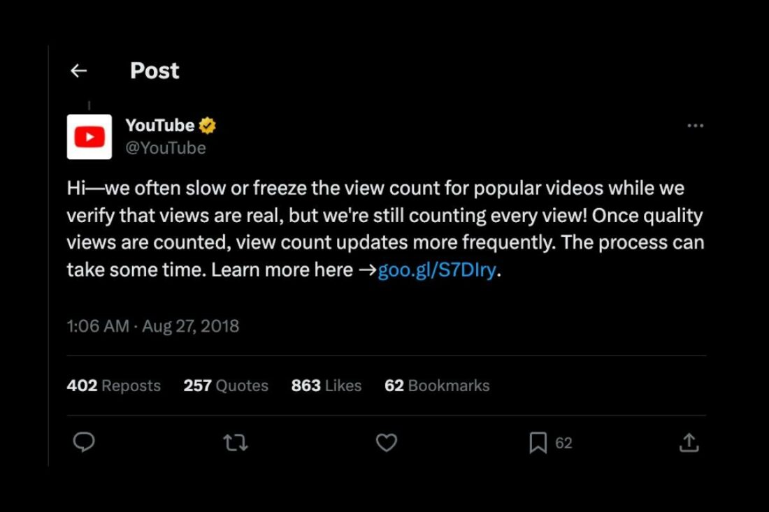 YouTube freezes views to verify legitimacy. (From: YouTube/X https://x.com/YouTube/status/1033762626252222464?s=20)