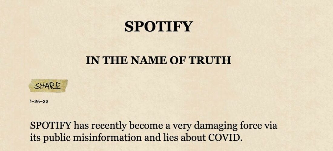 Neil Young's statement against Spotify in January 26, 2022, published in his website. (From: NeilYoungArchives)