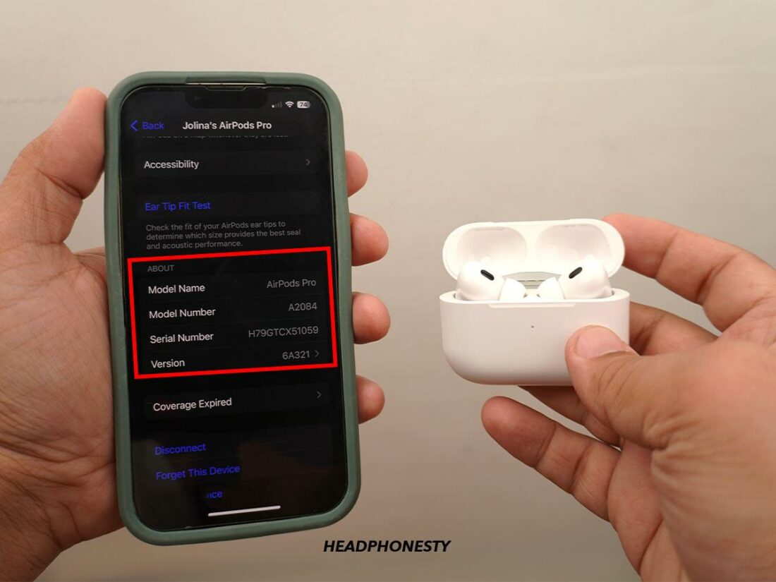 Checking the firmware version of an AirPods Pro.