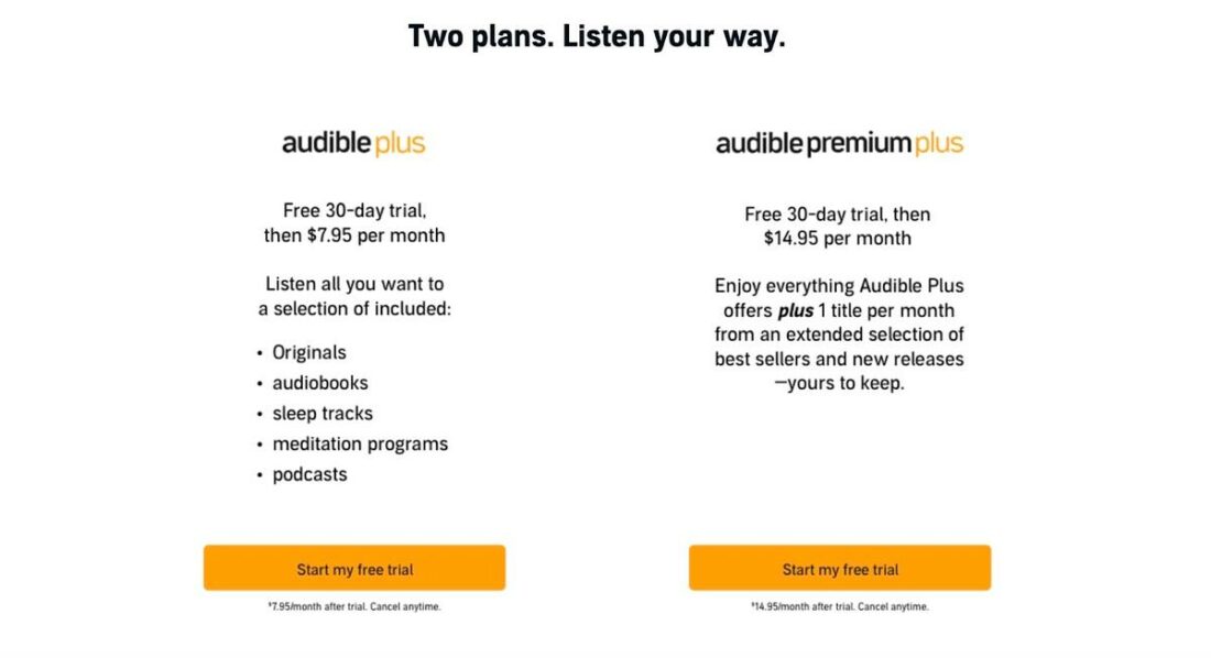 Amazon Audible's Plus and Premium Plus plans and pricing. (From: Audible)
