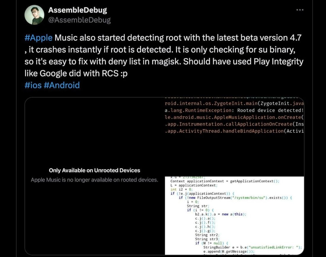 AssembleDebug's tweet about discovering that Apple Music won't work on rooted Android devices anymore. (From: X)