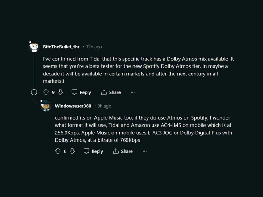Redditors speculating on Dolby Atmos on Spotify. (From: Reddit)