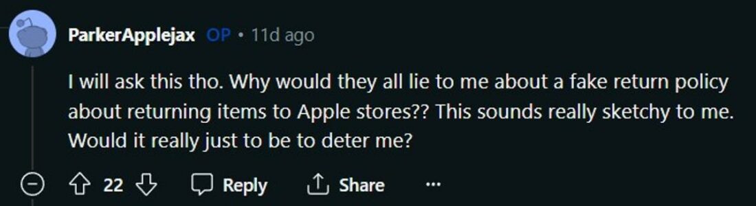Reddit user ParkerApplejax was told by Walmart staff they had a policy against returning Apple products. (From: Reddit)