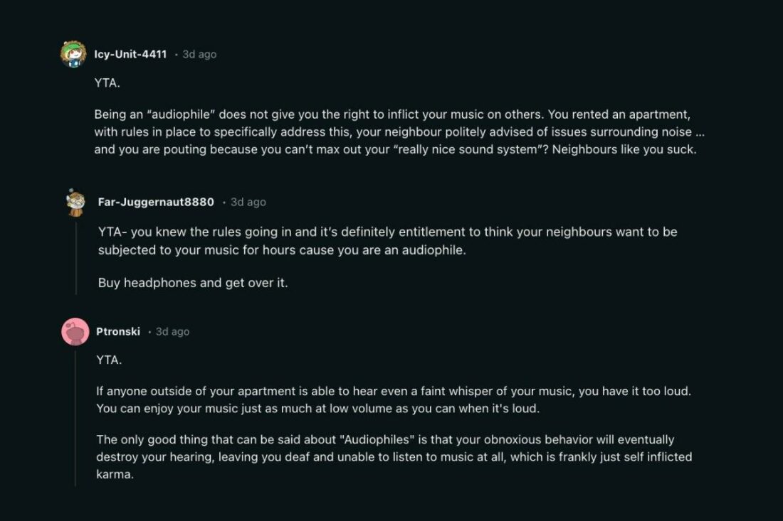People talking about the OP's claim of being an audiophile and how he's trying to use it as an excuse. (From: Reddit)
