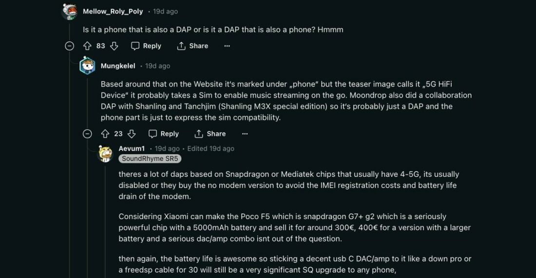 People speculating on the Moondrop phone's features. (From: Reddit)