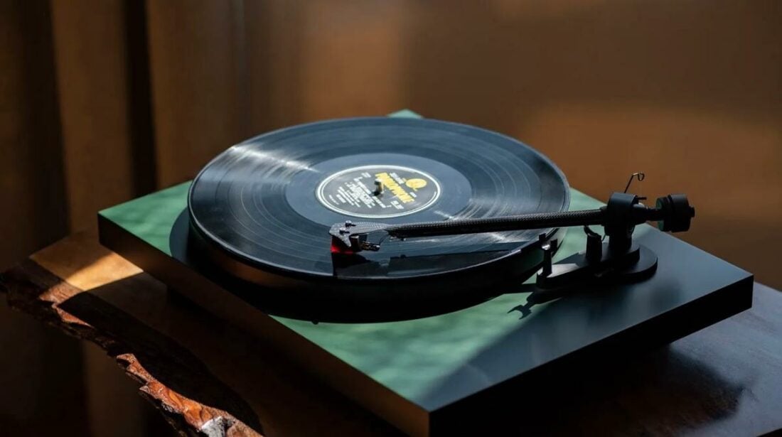 Pro-Ject Debut Carbon Evo turntable playing a Parlophone record. (From: Pro-Ject)